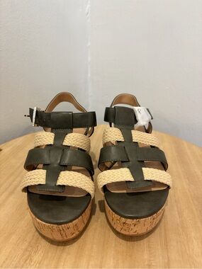 Braided Cork Platform Sandals in Olive and Natural